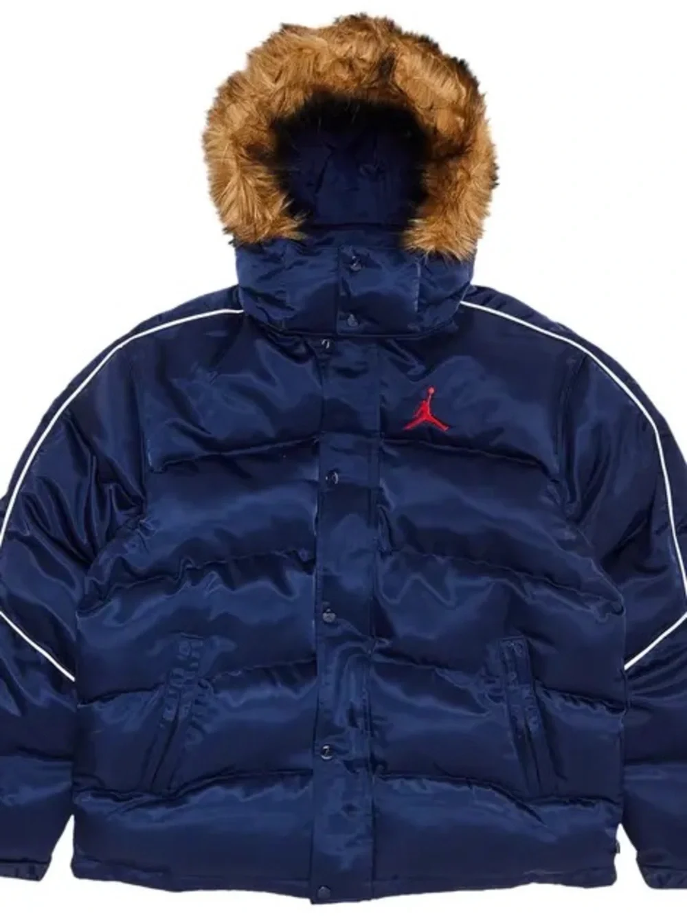 Jordan x Supreme Navy Puffer Jacket with Brown Faux-Fur Trim